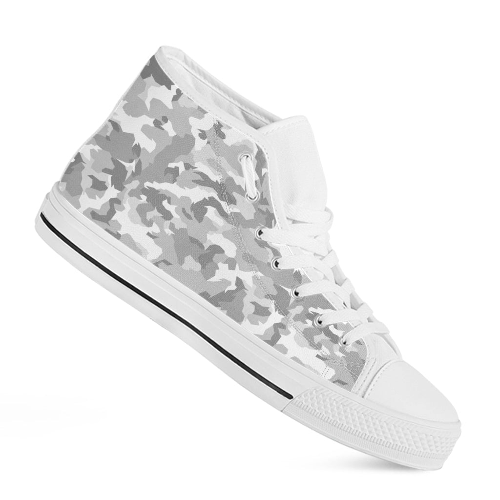 White Snow Camouflage Print White High Top Sneakers