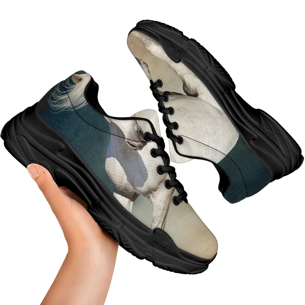White Stallion Horse Print Black Chunky Shoes