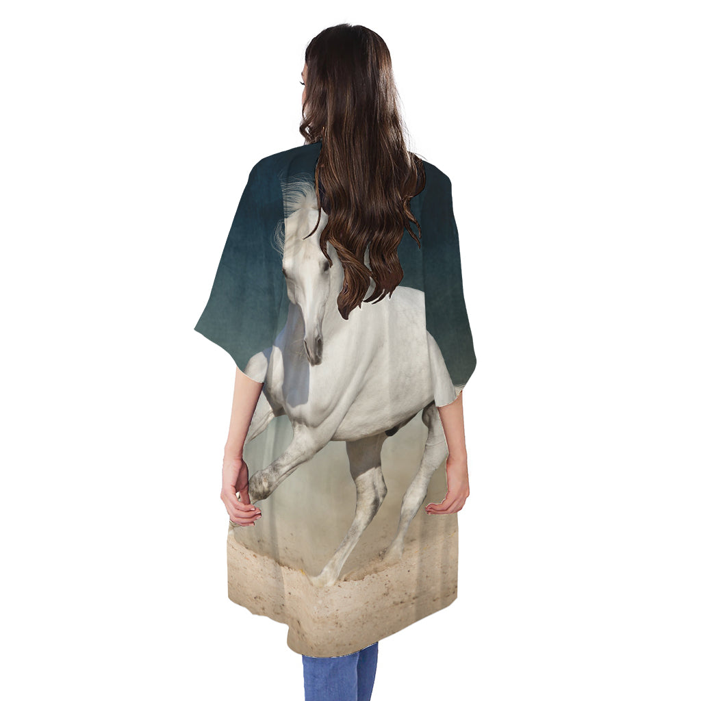 White Stallion Horse Print Open Front Beach Cover Up