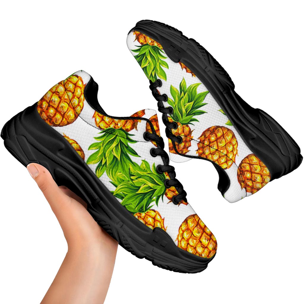 White Summer Pineapple Pattern Print Black Chunky Shoes