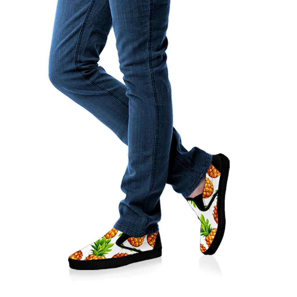 White Summer Pineapple Pattern Print Black Slip On Sneakers