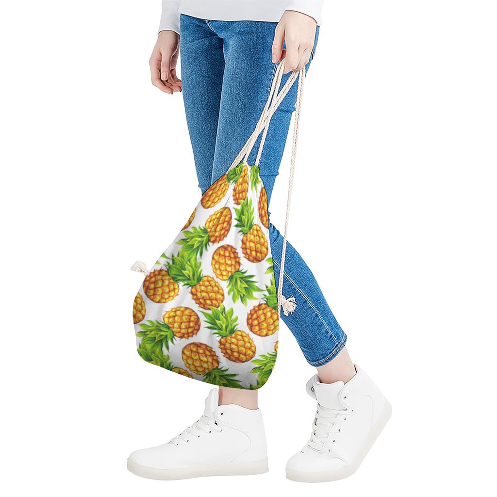White Summer Pineapple Pattern Print Drawstring Bag