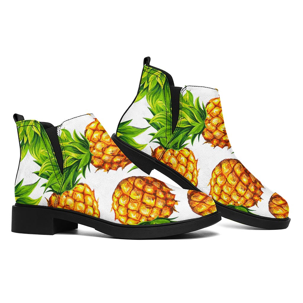 White Summer Pineapple Pattern Print Flat Ankle Boots