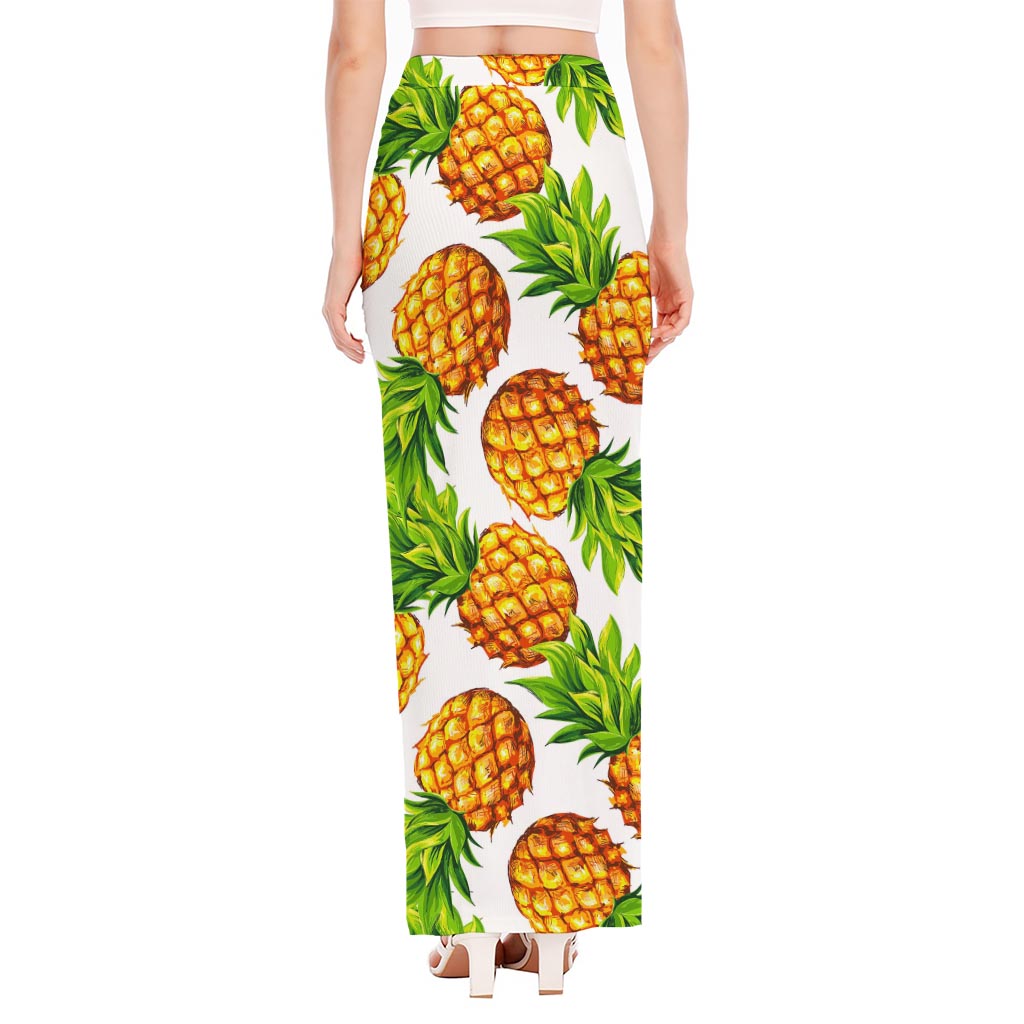 White Summer Pineapple Pattern Print High Slit Maxi Skirt