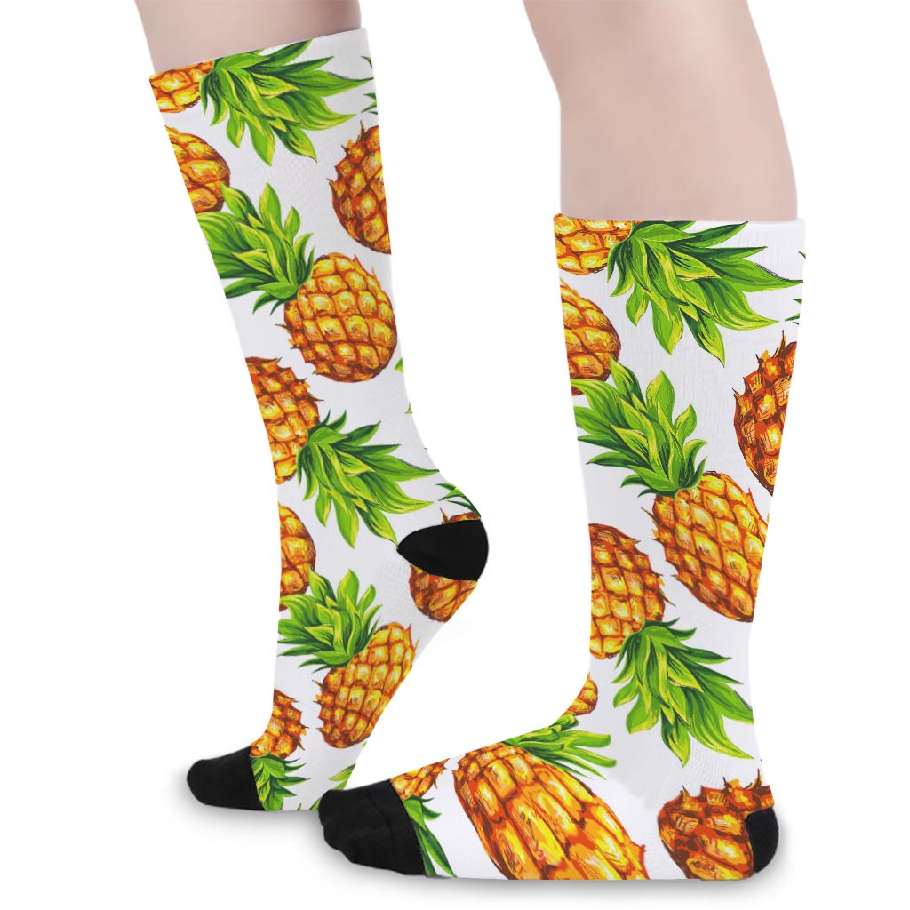 White Summer Pineapple Pattern Print Long Socks