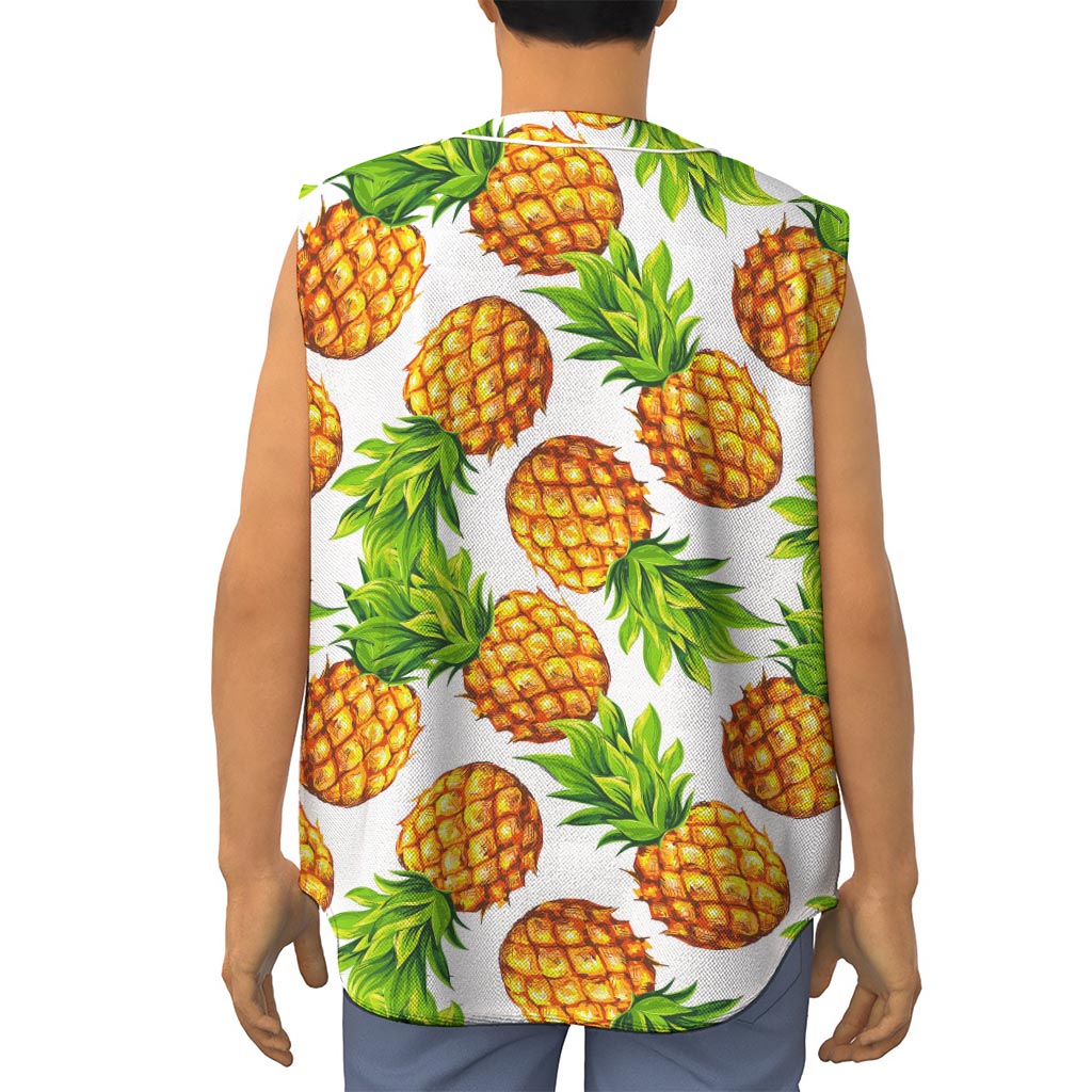 White Summer Pineapple Pattern Print Sleeveless Baseball Jersey