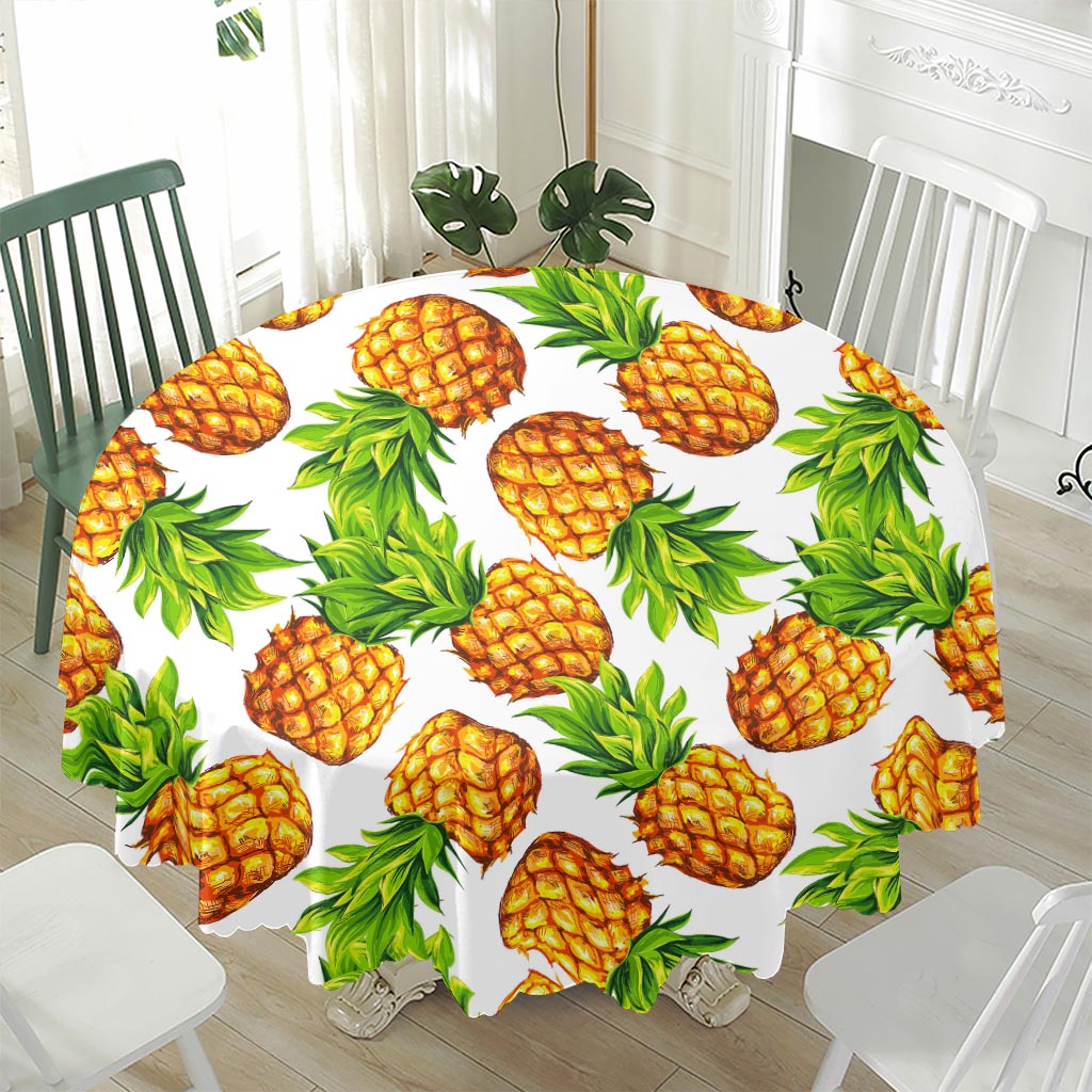 White Summer Pineapple Pattern Print Waterproof Round Tablecloth