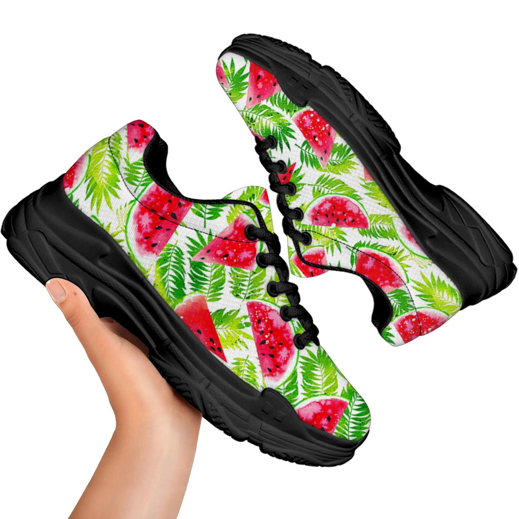 White Summer Watermelon Pattern Print Black Chunky Shoes