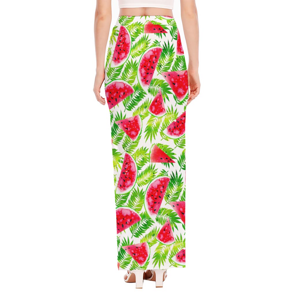 White Summer Watermelon Pattern Print High Slit Maxi Skirt