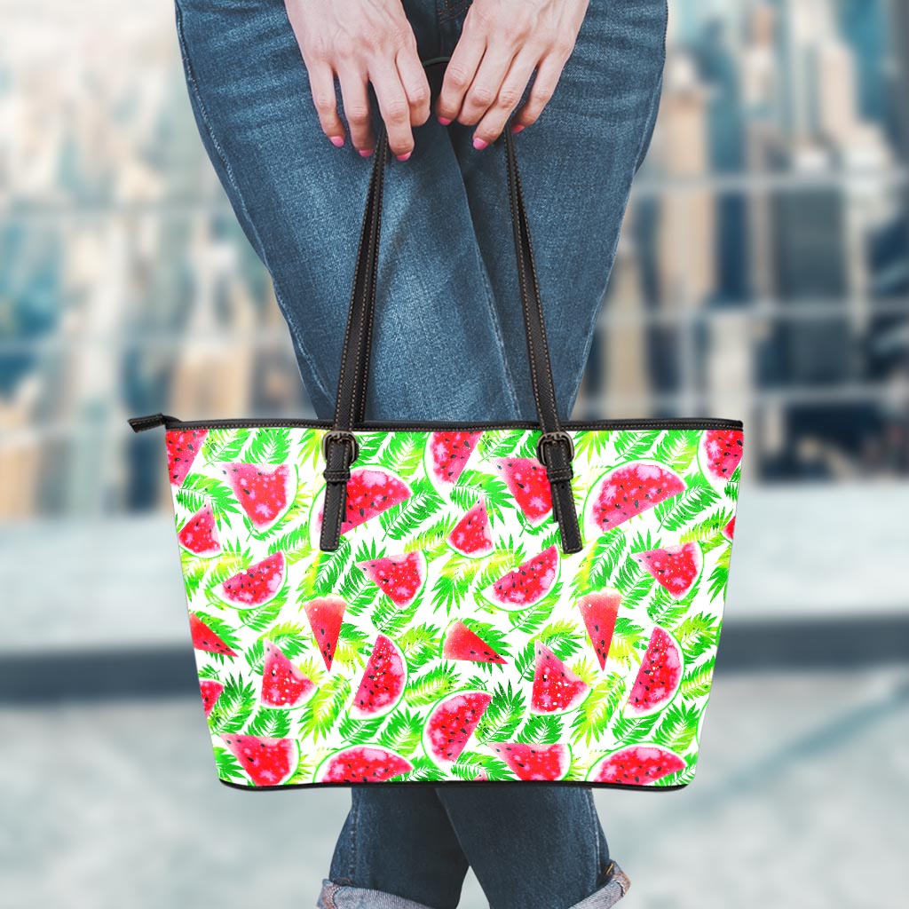 White Summer Watermelon Pattern Print Leather Tote Bag