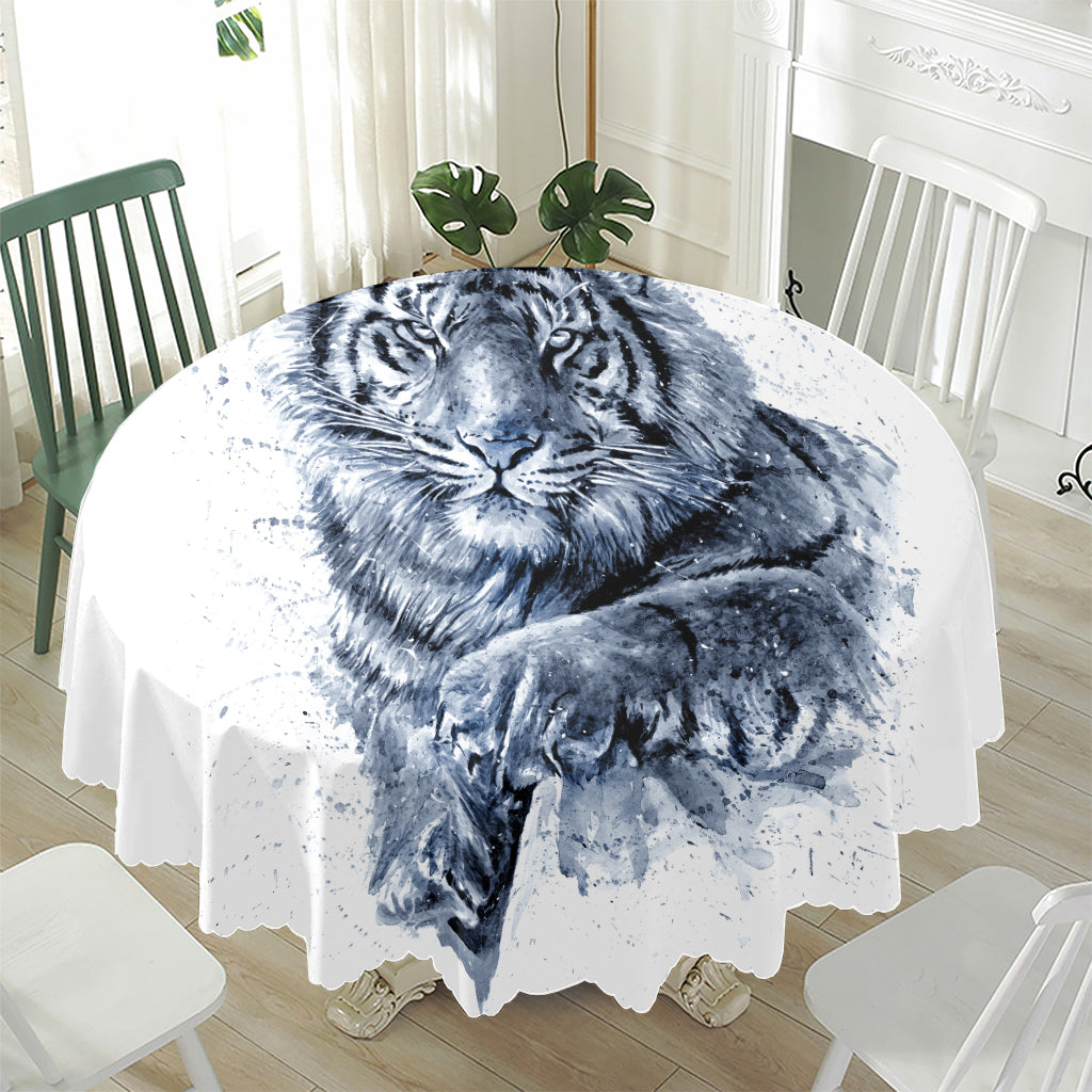 White Tiger Painting Print Waterproof Round Tablecloth