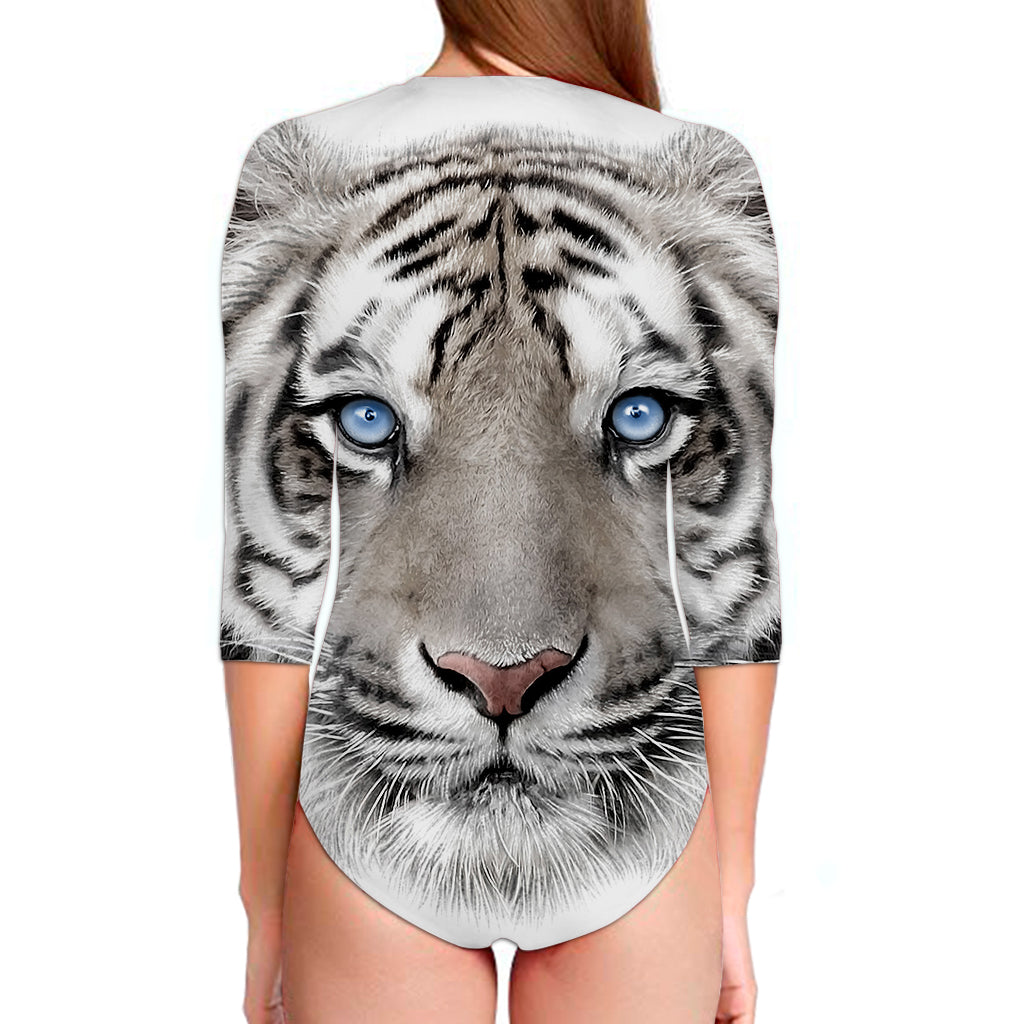 White Tiger Portrait Print Long Sleeve Swimsuit