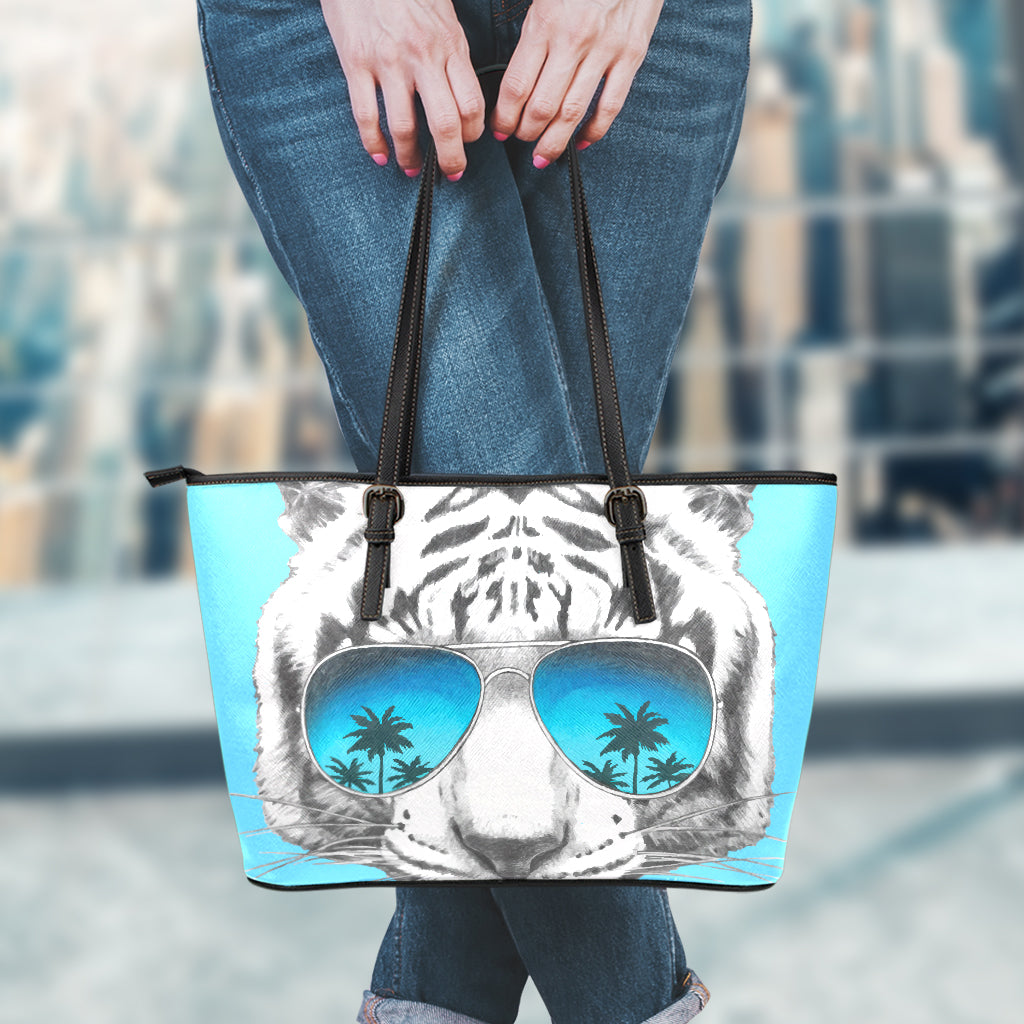 White Tiger With Sunglasses Print Leather Tote Bag