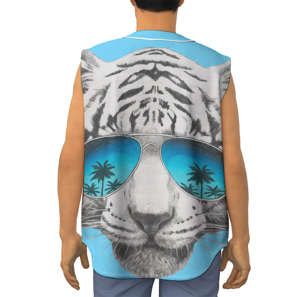 White Tiger With Sunglasses Print Sleeveless Baseball Jersey