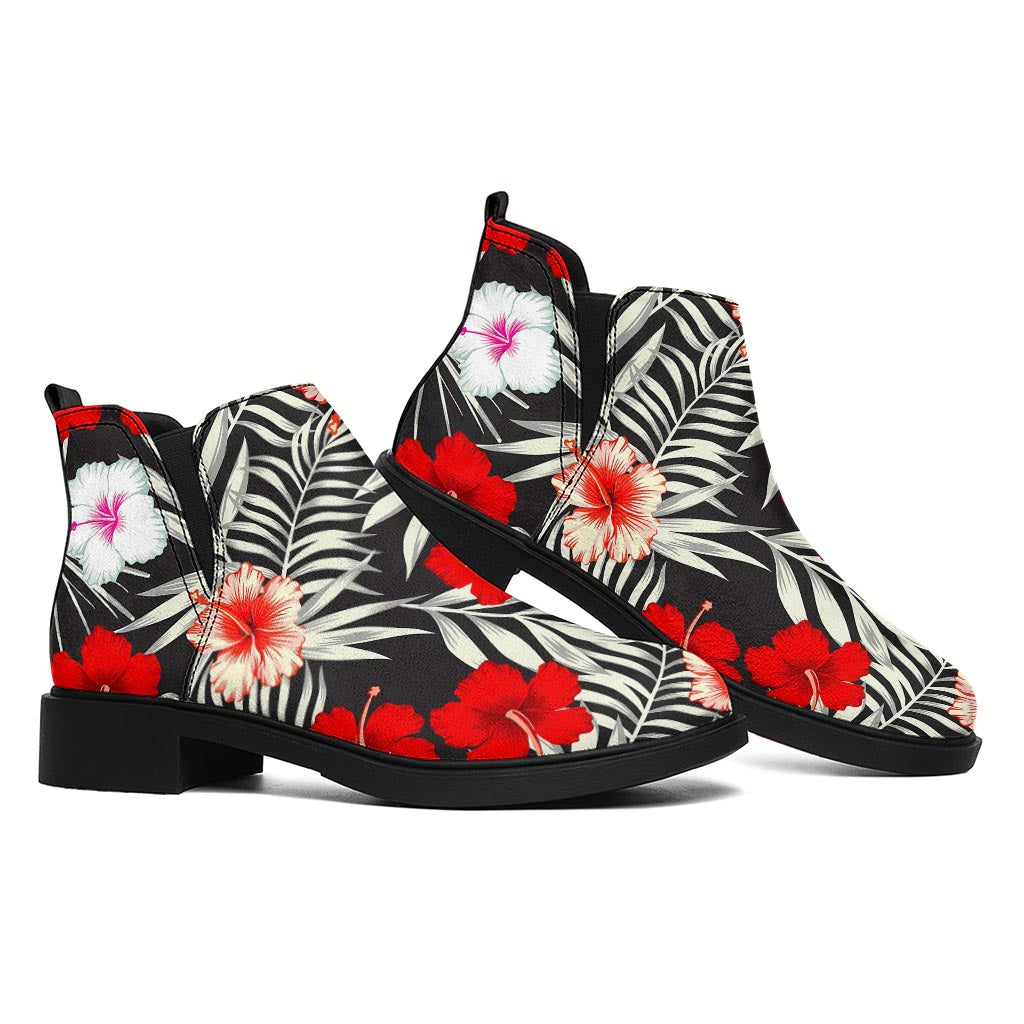 White Tropical Hibiscus Pattern Print Flat Ankle Boots