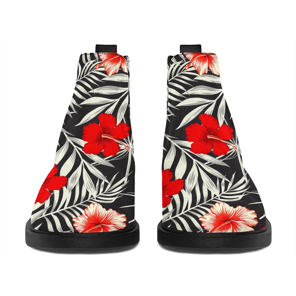 White Tropical Hibiscus Pattern Print Flat Ankle Boots
