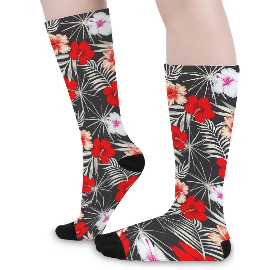 White Tropical Hibiscus Pattern Print Long Socks