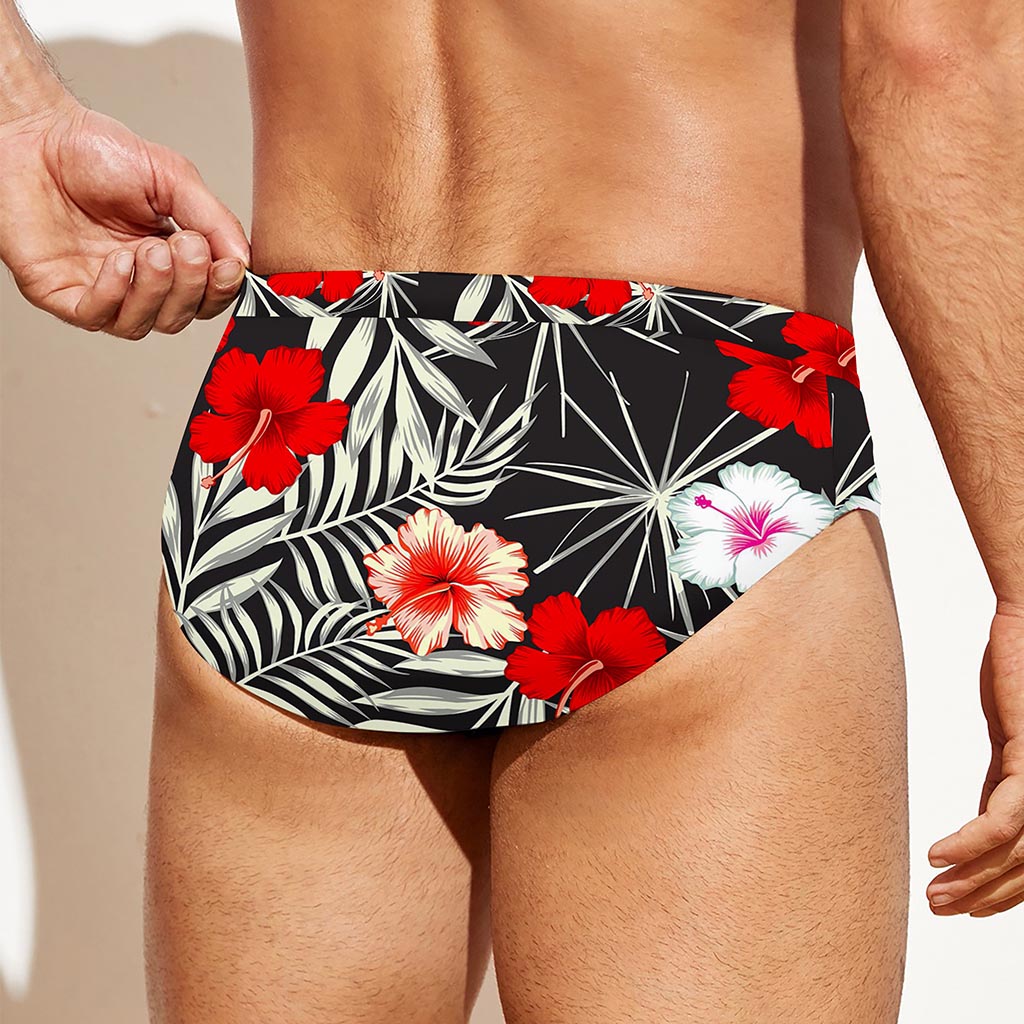White Tropical Hibiscus Pattern Print Men's Swim Briefs