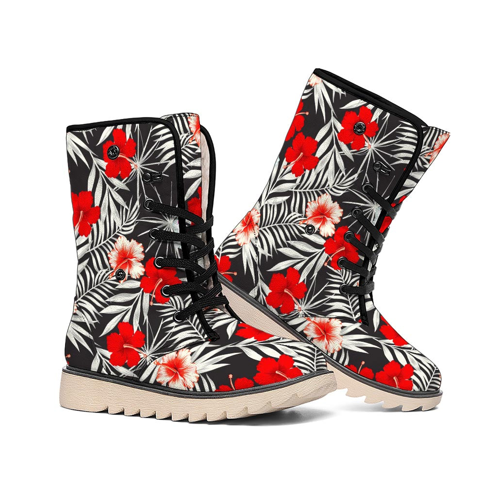 White Tropical Hibiscus Pattern Print Winter Boots