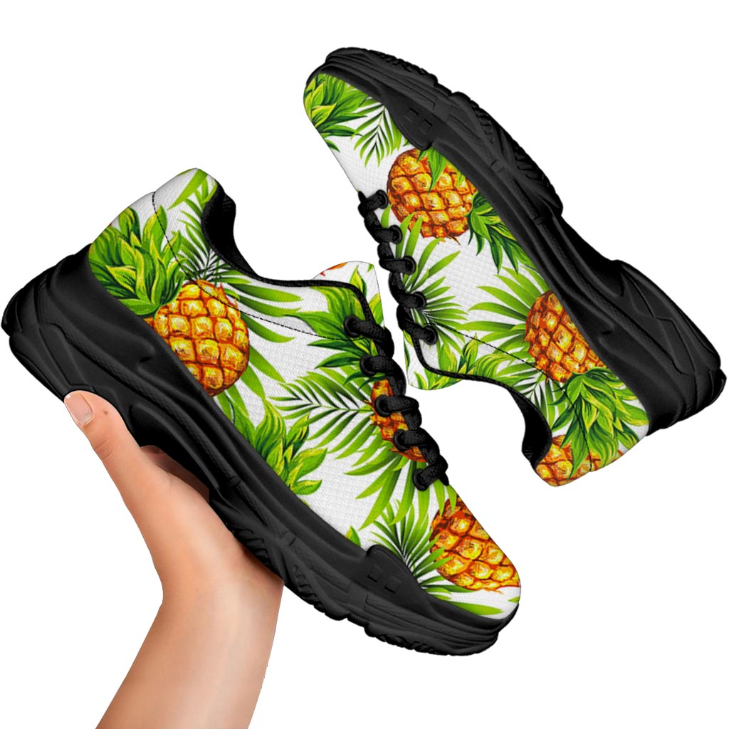 White Tropical Pineapple Pattern Print Black Chunky Shoes