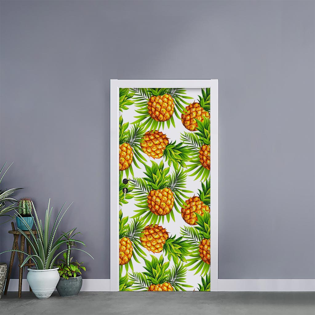 White Tropical Pineapple Pattern Print Door Sticker
