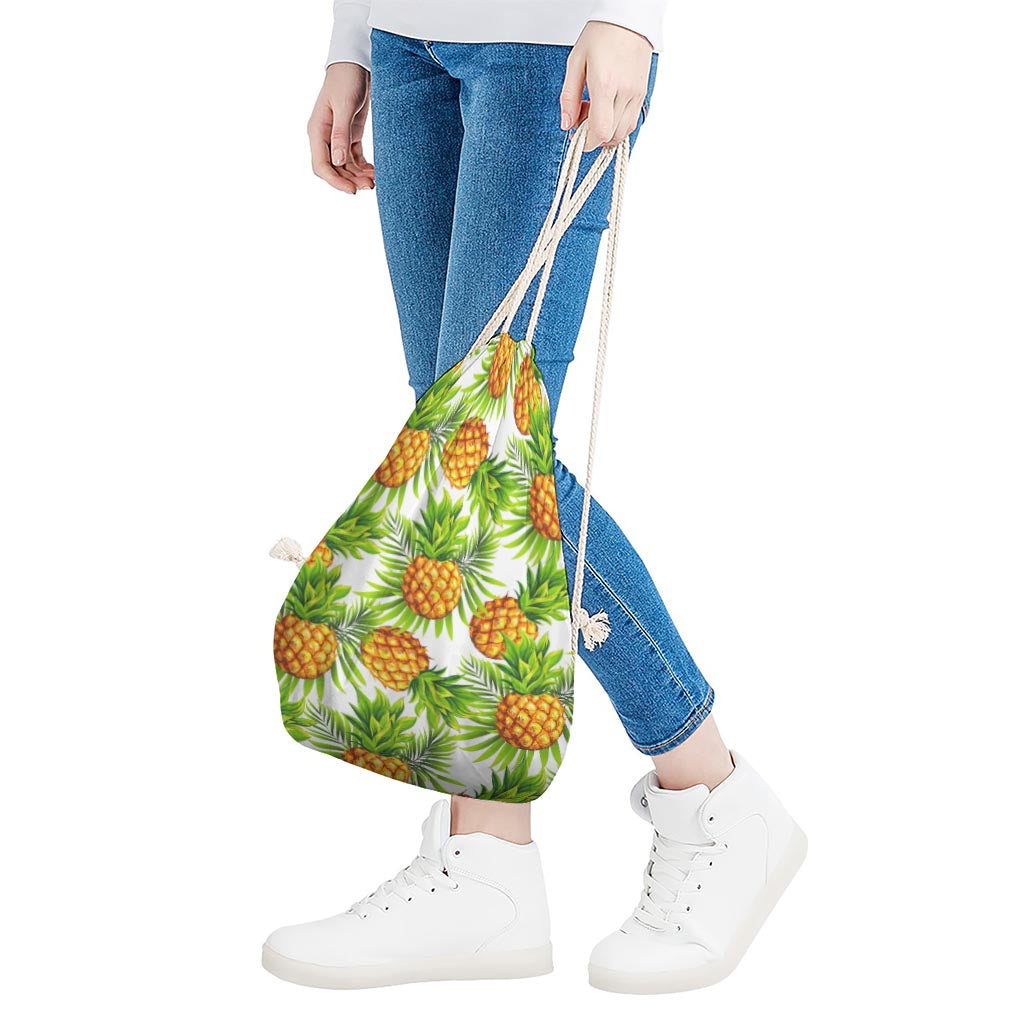 White Tropical Pineapple Pattern Print Drawstring Bag