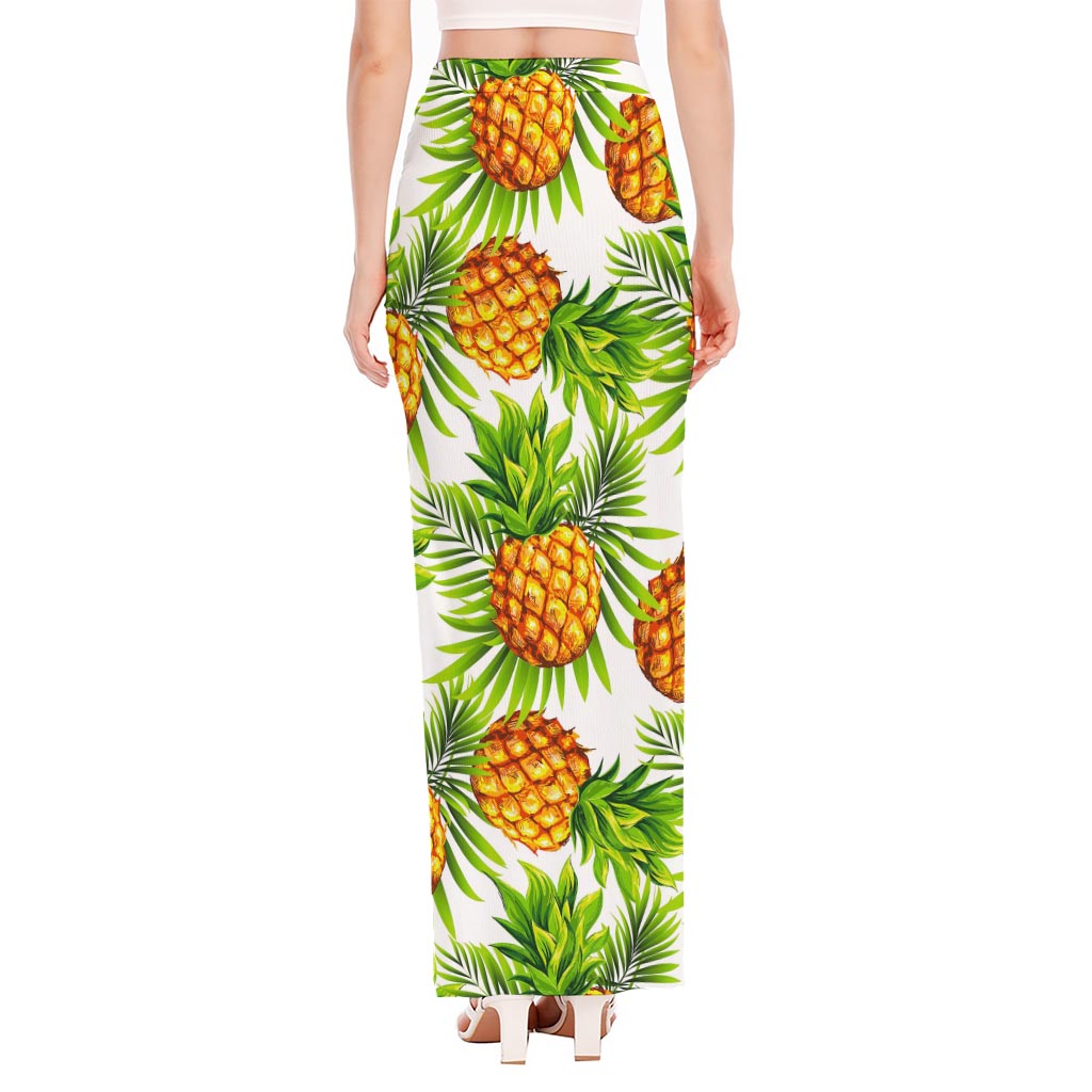 White Tropical Pineapple Pattern Print High Slit Maxi Skirt