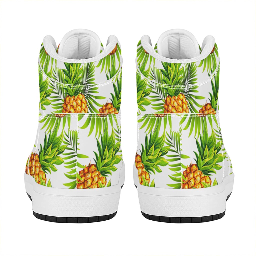 White Tropical Pineapple Pattern Print High Top Leather Sneakers