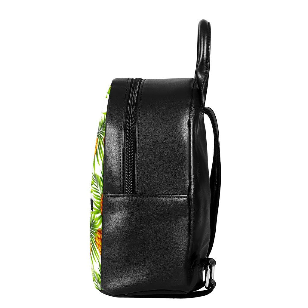 White Tropical Pineapple Pattern Print Leather Backpack