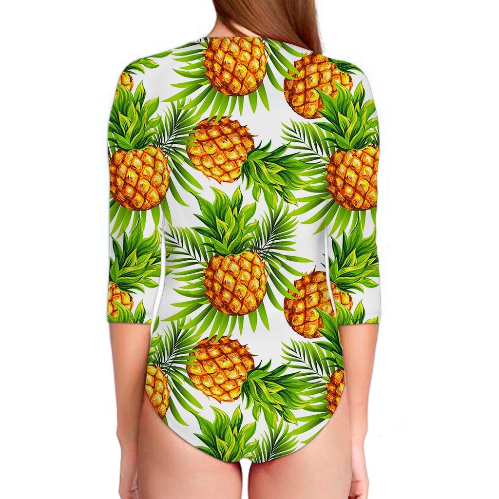 White Tropical Pineapple Pattern Print Long Sleeve Swimsuit
