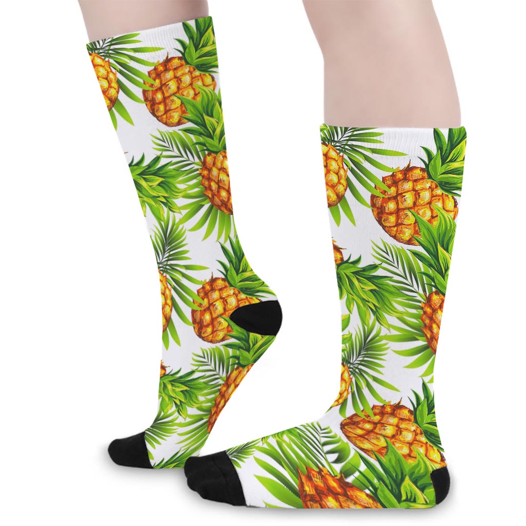 White Tropical Pineapple Pattern Print Long Socks