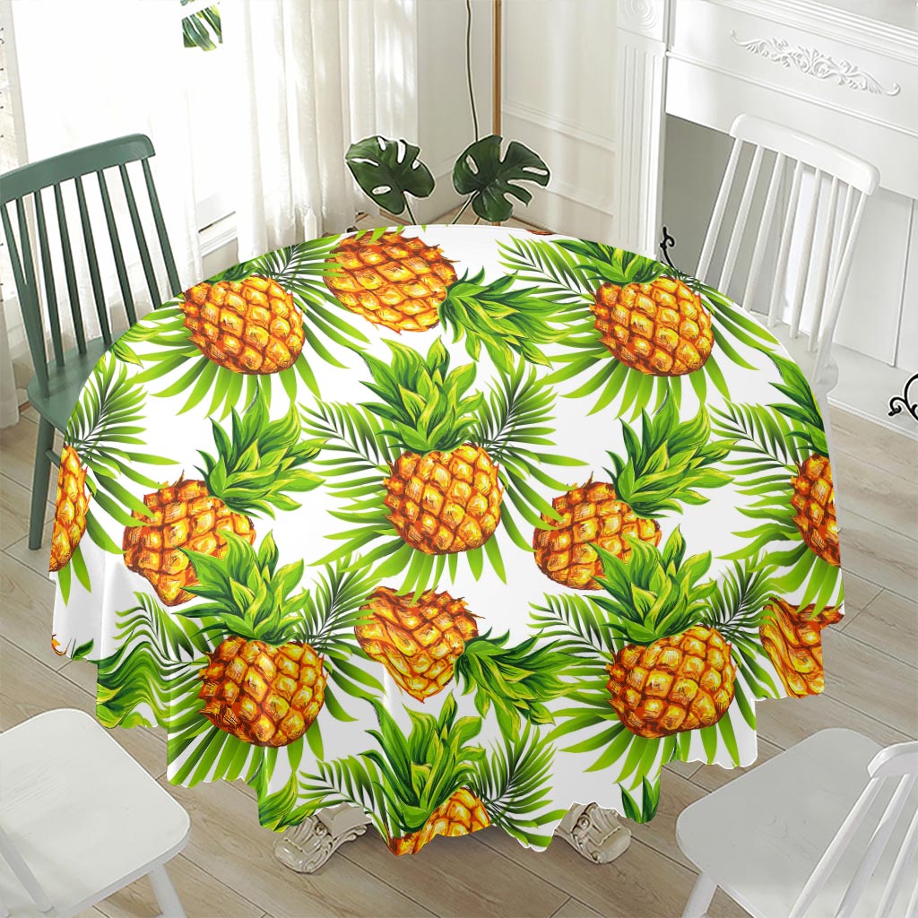 White Tropical Pineapple Pattern Print Waterproof Round Tablecloth