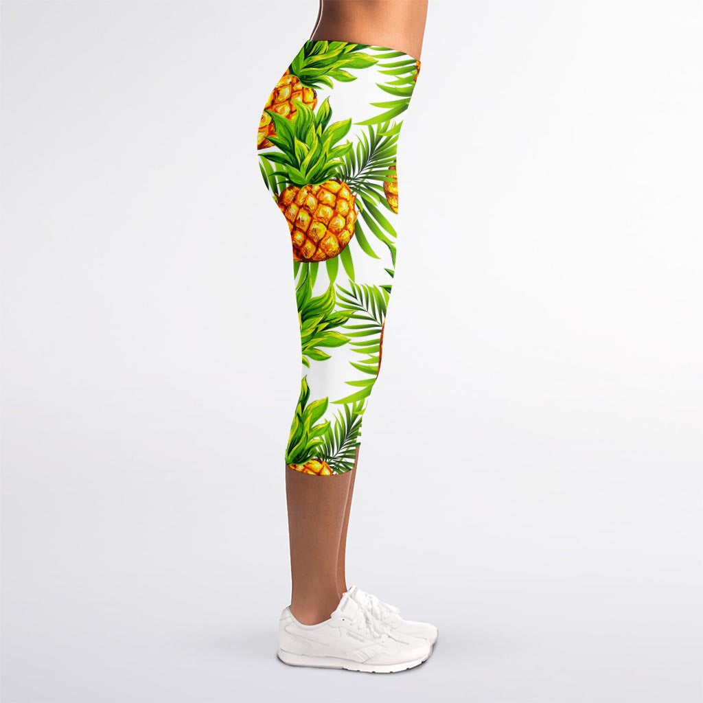 White Tropical Pineapple Pattern Print Women's Capri Leggings