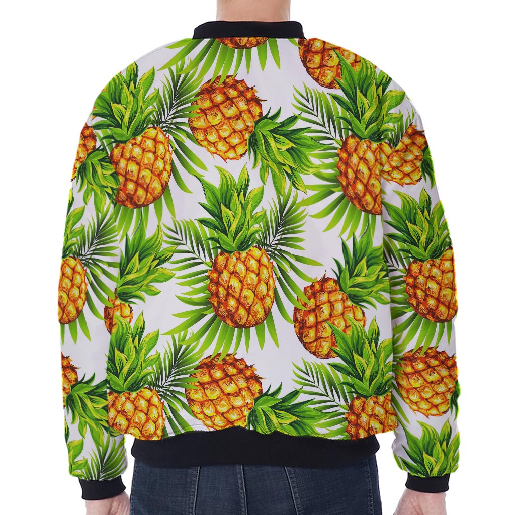 White Tropical Pineapple Pattern Print Zip Sleeve Bomber Jacket
