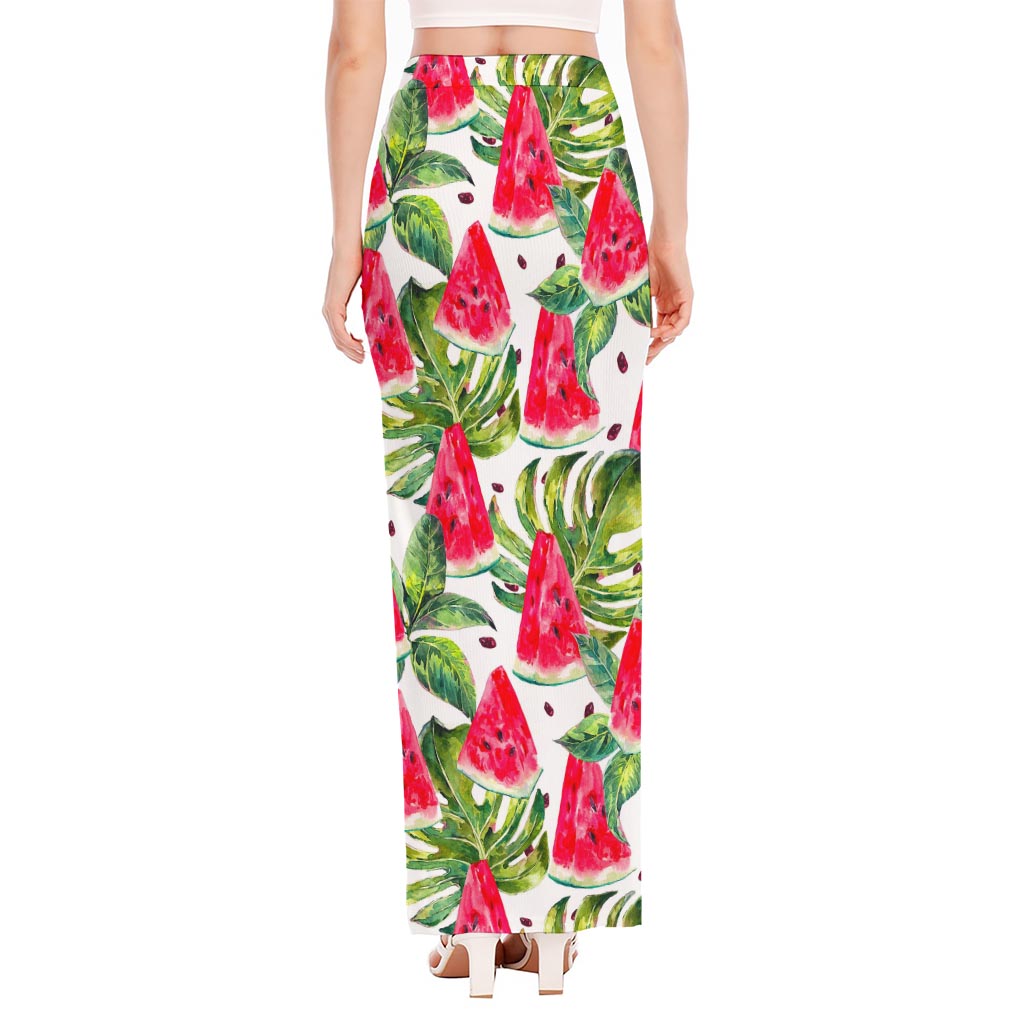 White Tropical Watermelon Pattern Print High Slit Maxi Skirt