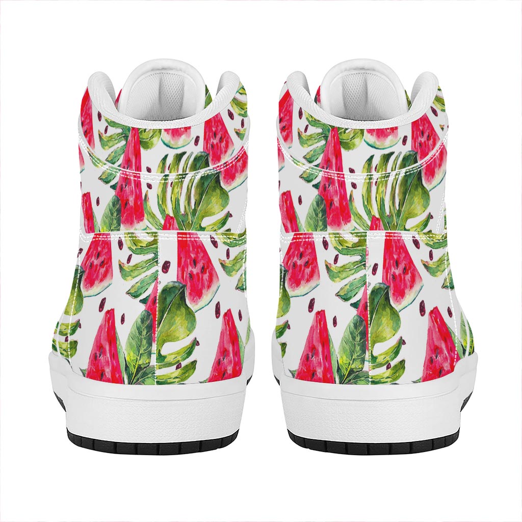 White Tropical Watermelon Pattern Print High Top Leather Sneakers