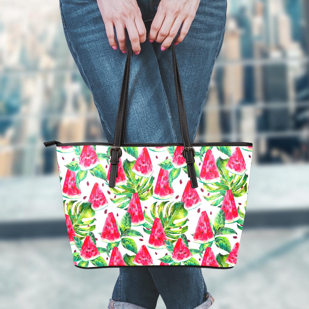 White Tropical Watermelon Pattern Print Leather Tote Bag