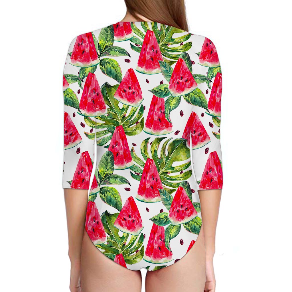 White Tropical Watermelon Pattern Print Long Sleeve Swimsuit