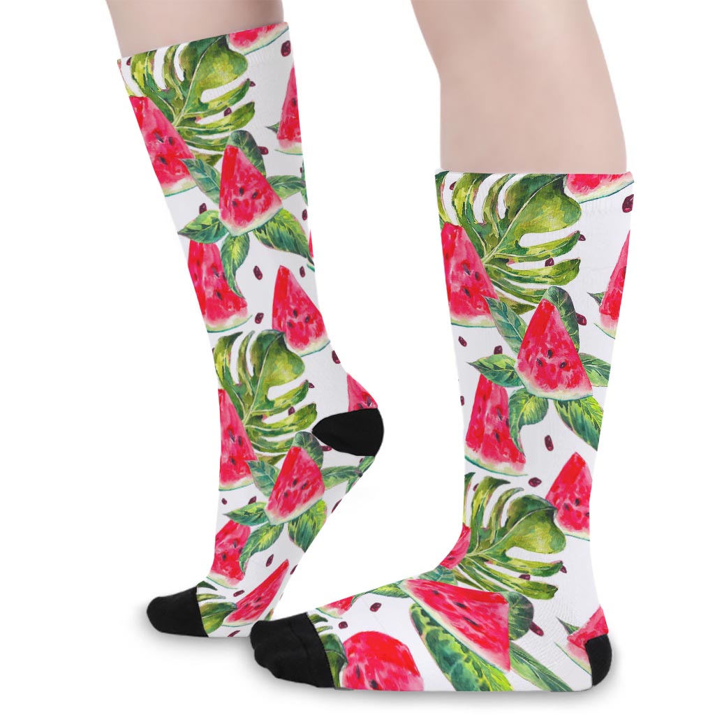 White Tropical Watermelon Pattern Print Long Socks