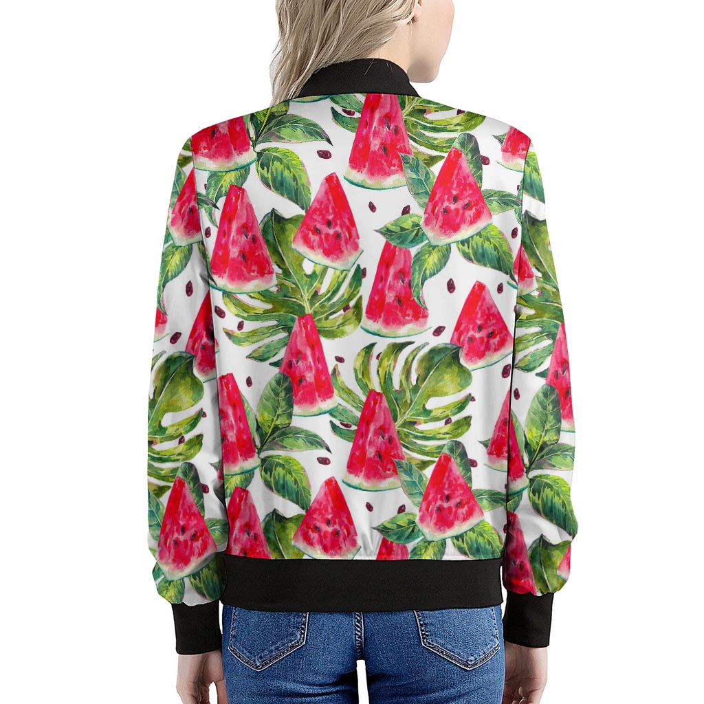 White Tropical Watermelon Pattern Print Women's Bomber Jacket