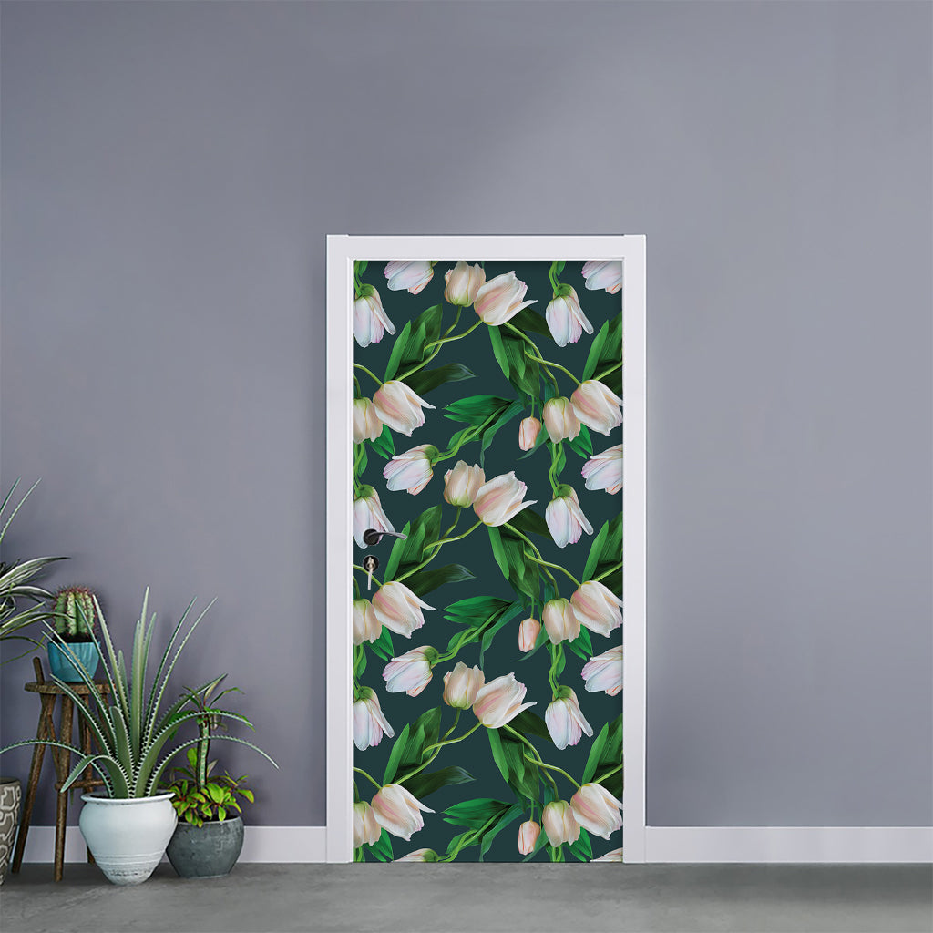 White Tulip Pattern Print Door Sticker