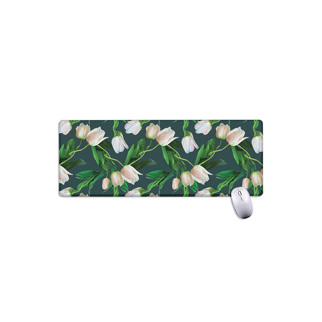 White Tulip Pattern Print Extended Mouse Pad