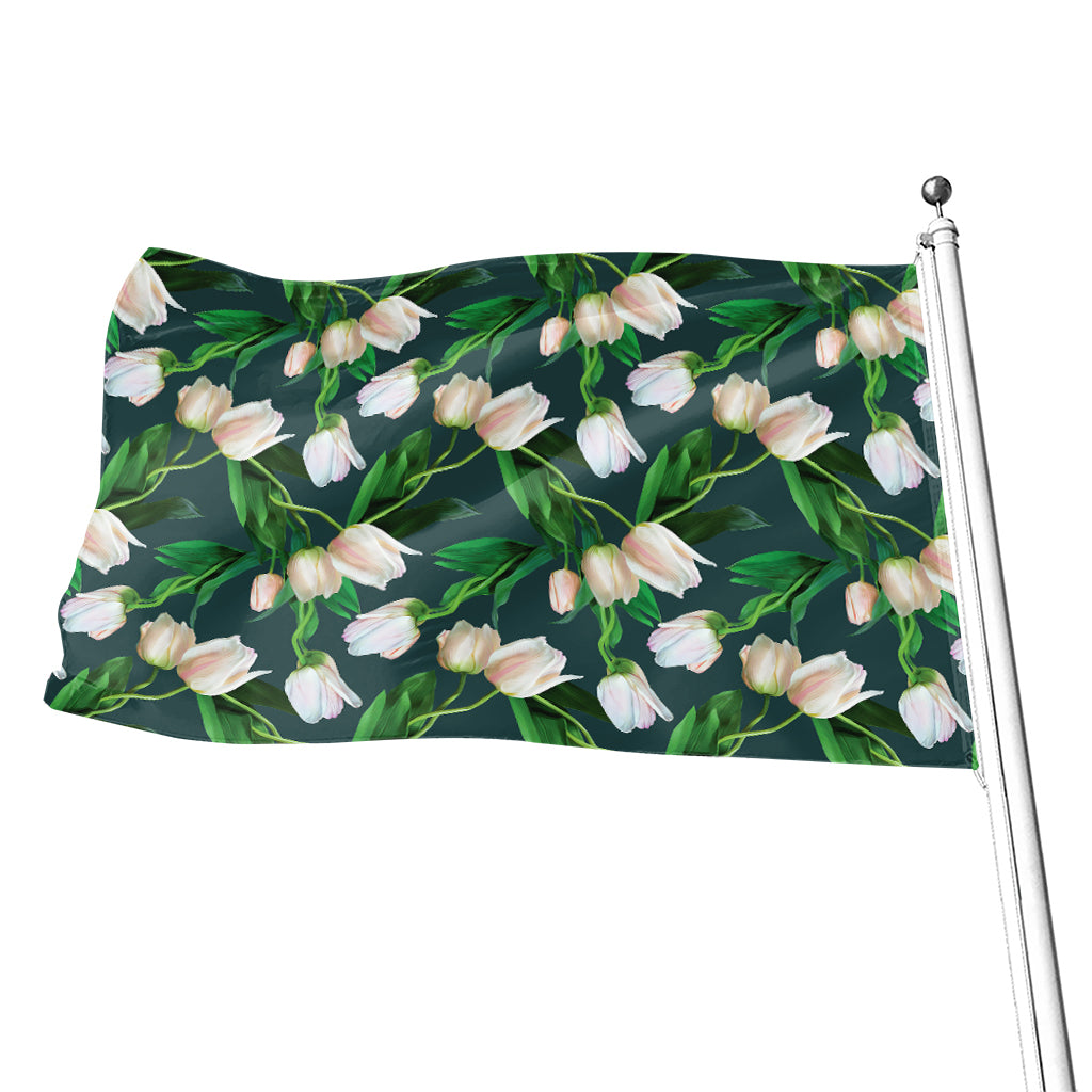 White Tulip Pattern Print Flag