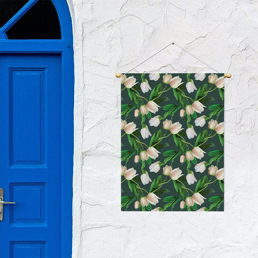 White Tulip Pattern Print Garden Flag