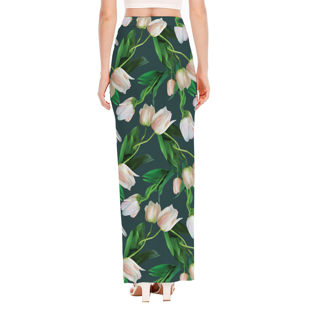 White Tulip Pattern Print High Slit Maxi Skirt