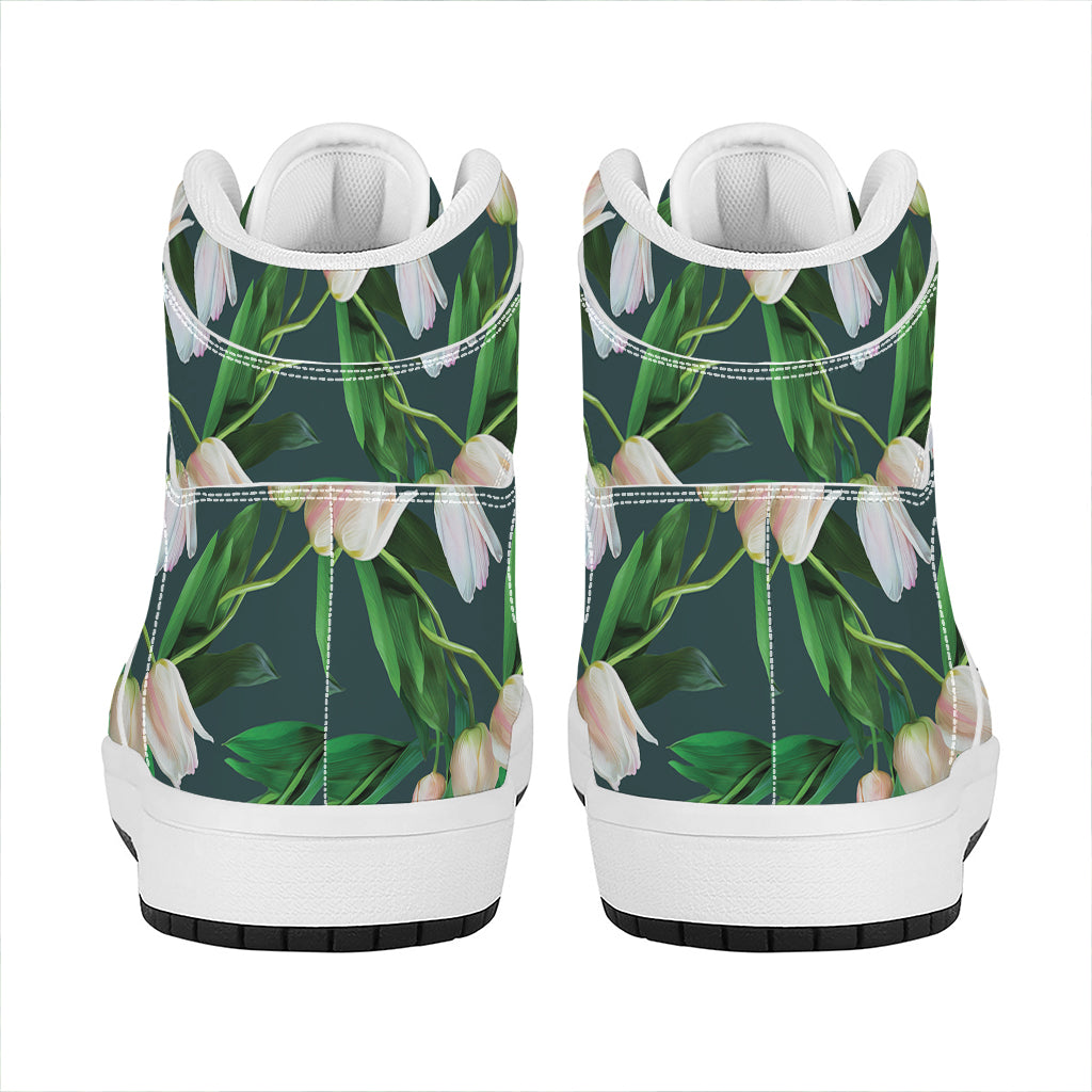 White Tulip Pattern Print High Top Leather Sneakers