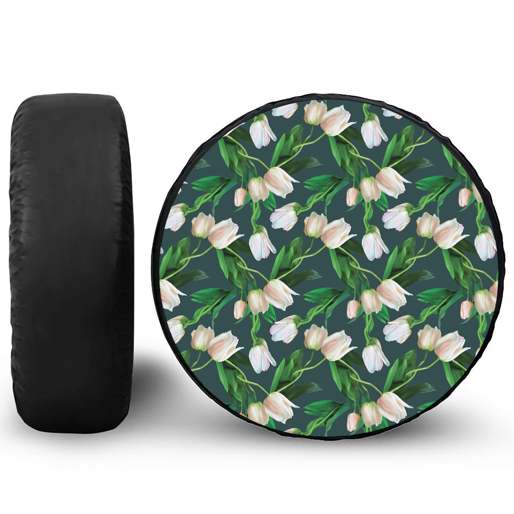 White Tulip Pattern Print Leather Spare Tire Cover
