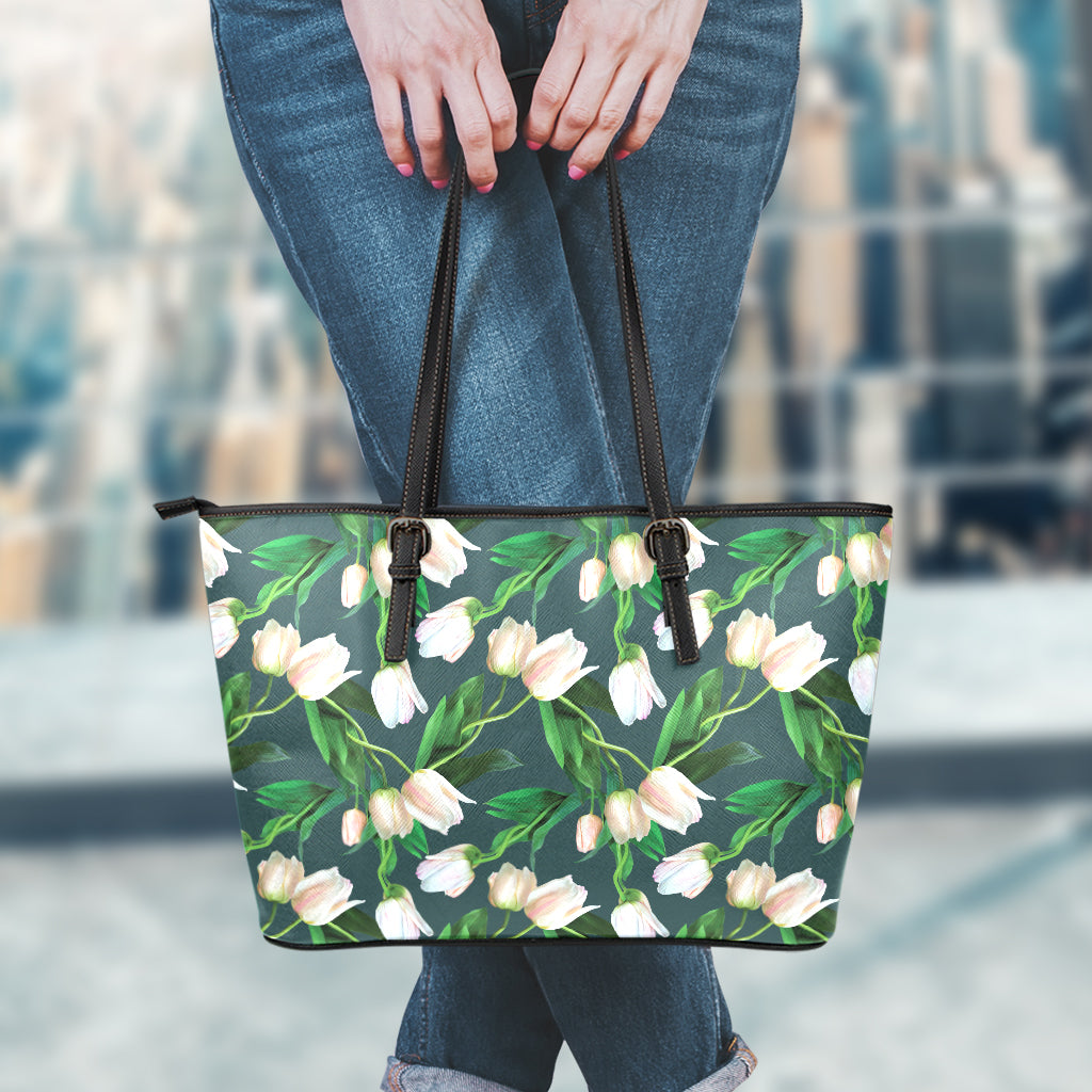 White Tulip Pattern Print Leather Tote Bag