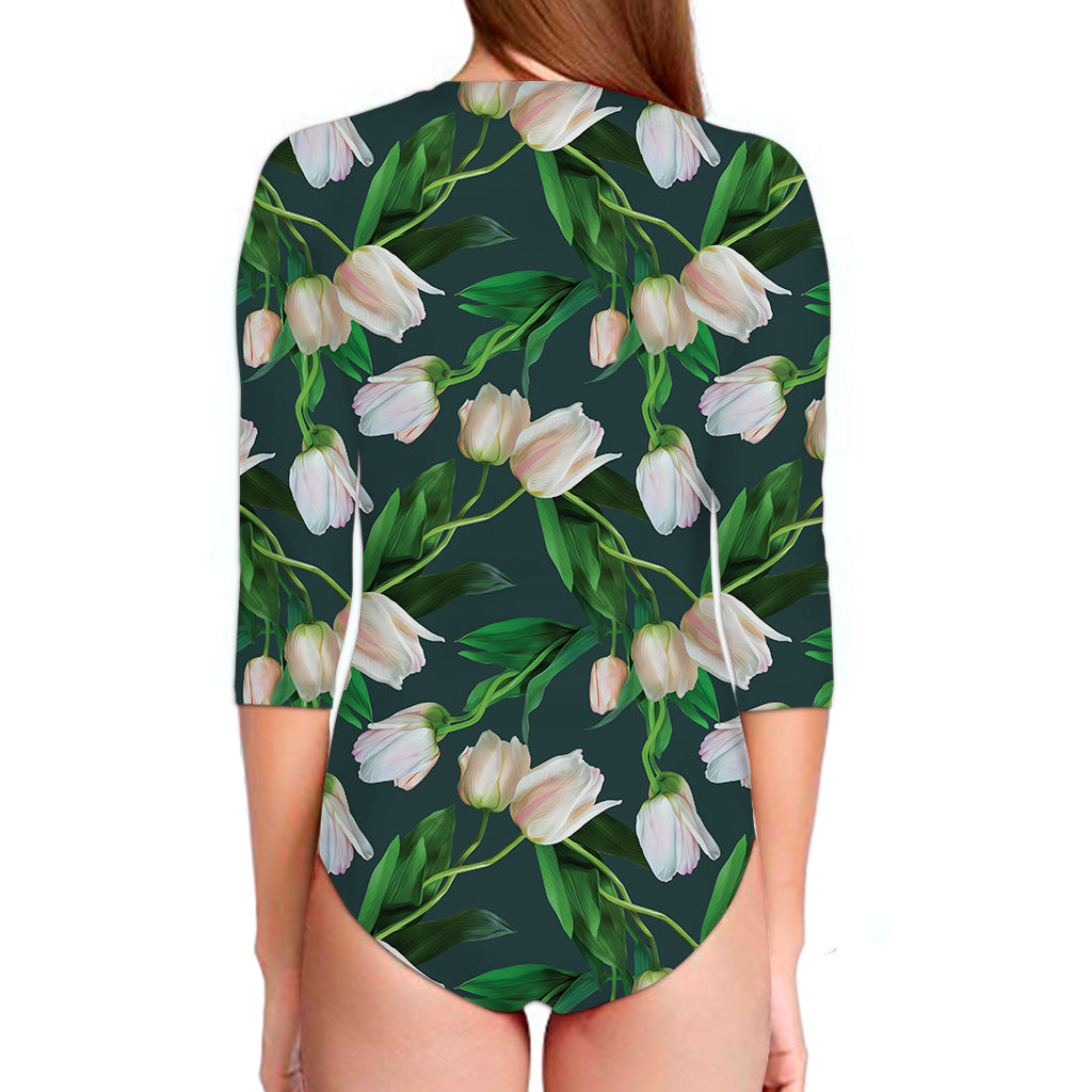 White Tulip Pattern Print Long Sleeve Swimsuit