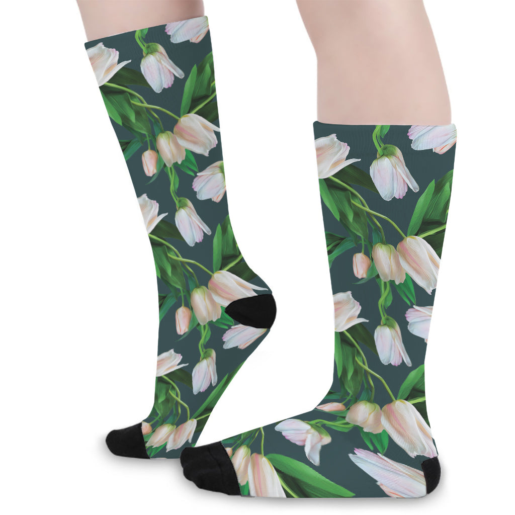 White Tulip Pattern Print Long Socks